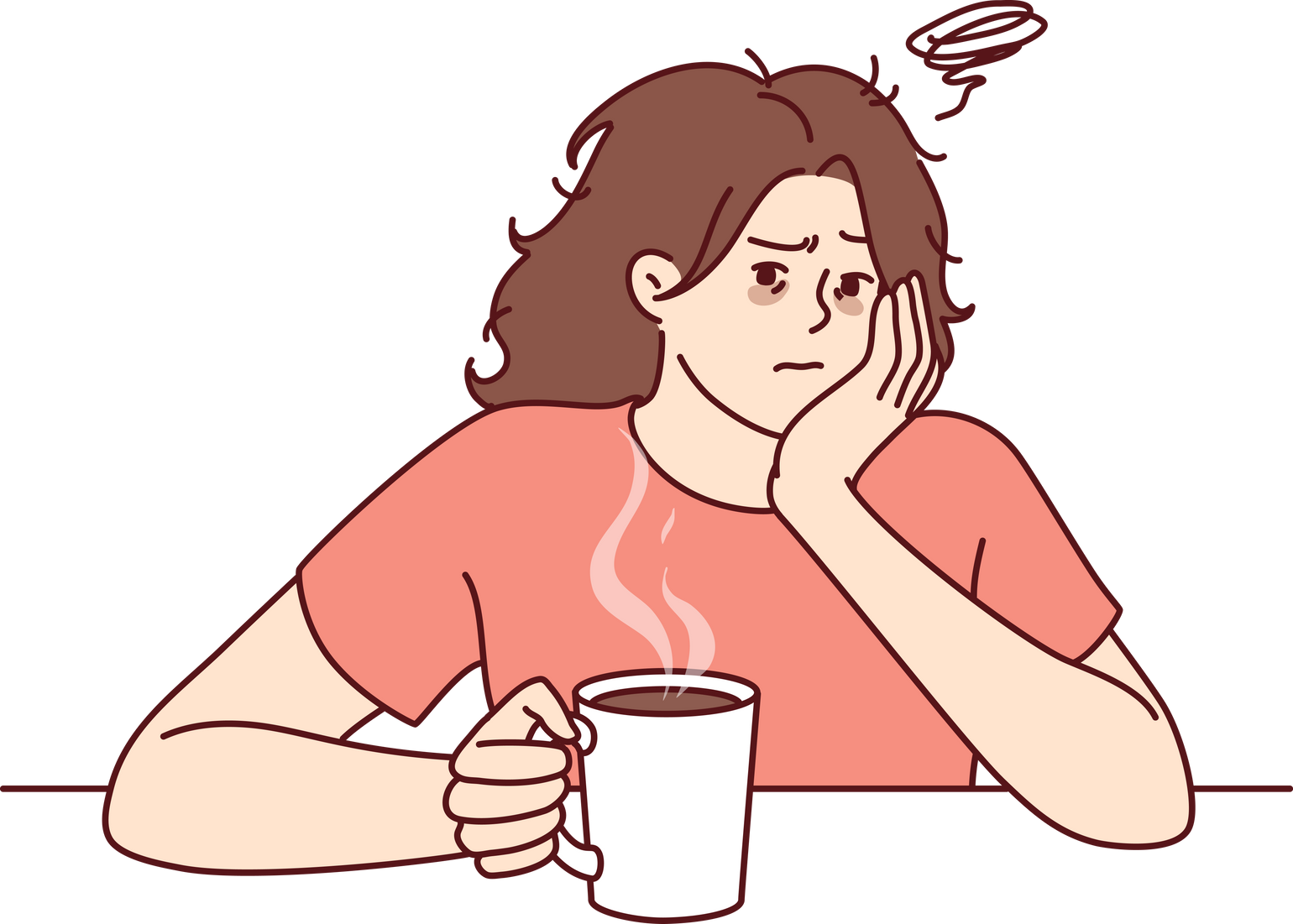 Tired woman with sad face drinks hot coffee and does not want to go to work due to lack of sleep